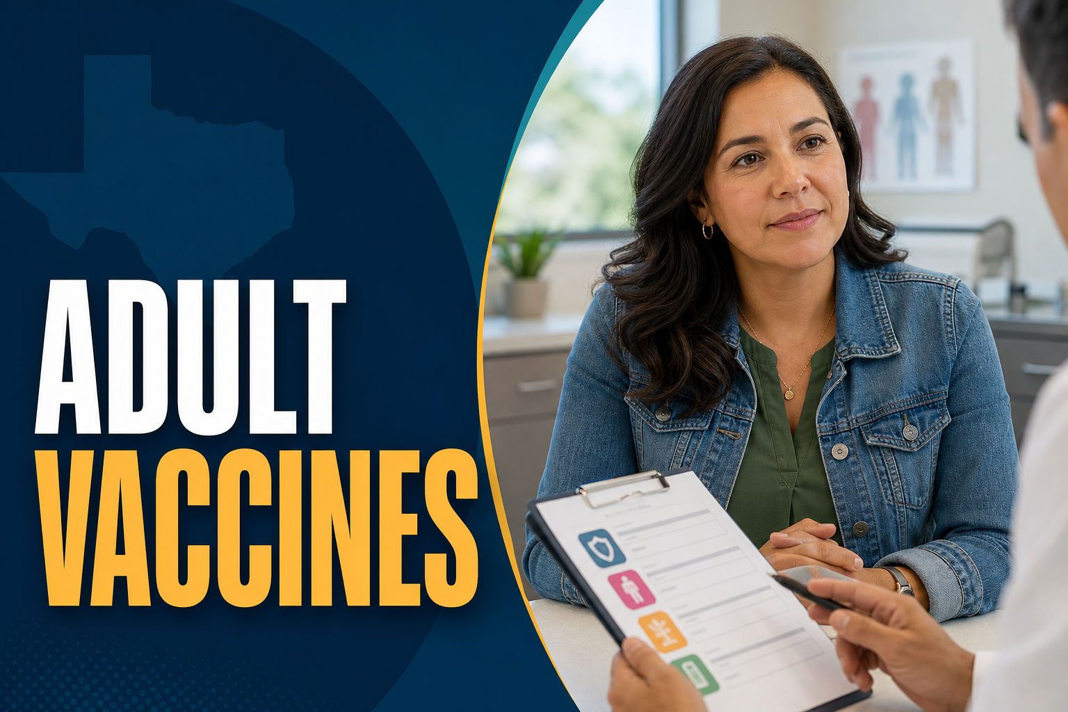 A Texas adult patient reviews a vaccine checklist on a tablet with the headline words Adult Vaccines.